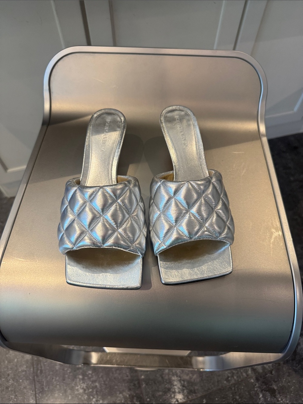 Bottega Veneta Quilted Padded Metallic Silver Slide 1 1/2” kitten heel - Picture 3 of 11